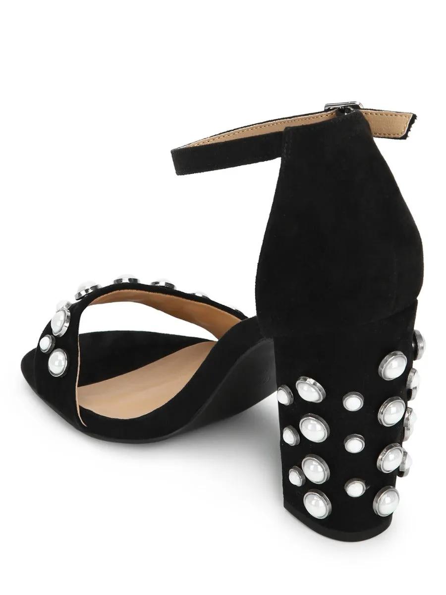 Black Micro Block Heel Studded Sandals