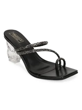 Black PU Diamante Embellished Clear Heel Mules (TC-SLC-V81-BLK)