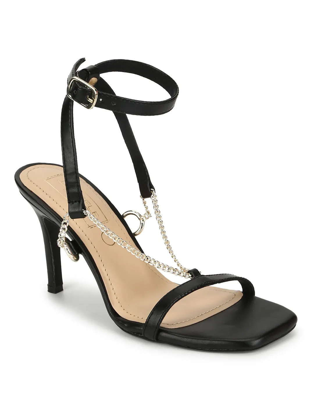 Black PU Gold Chained Strappy Stilettos