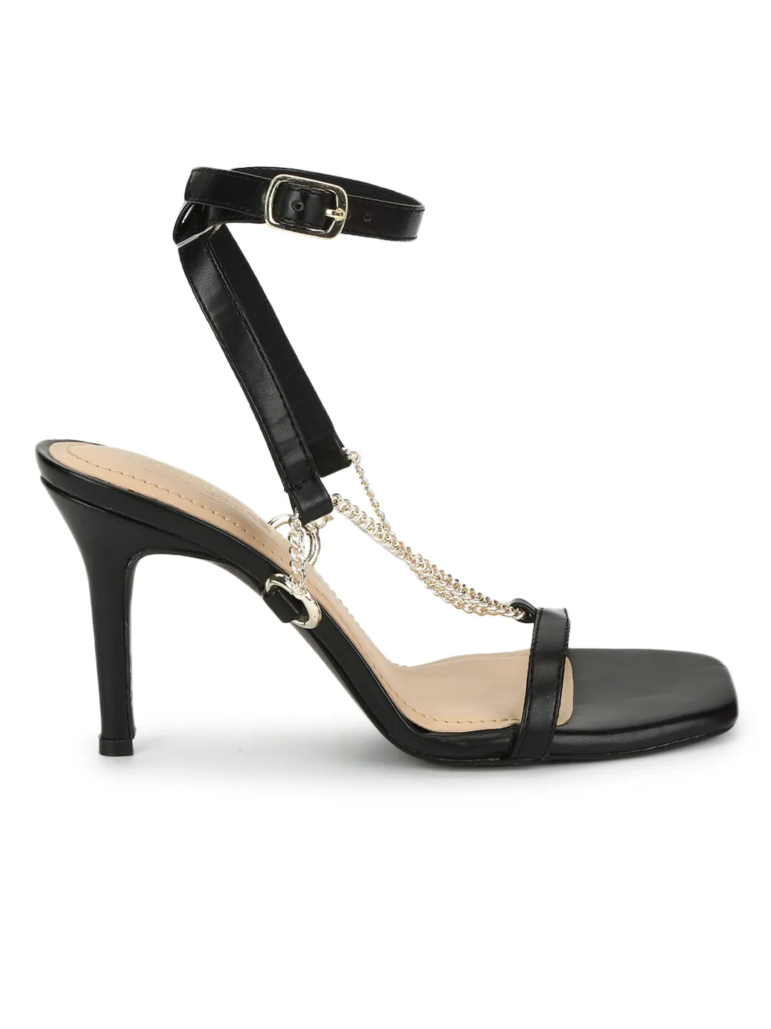 Black PU Gold Chained Strappy Stilettos