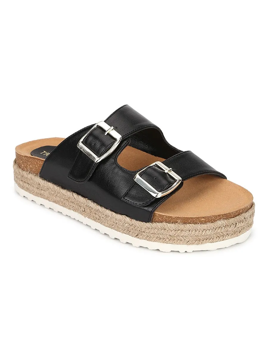 Black PU Side Buckle Wedges Espadrilles Sandals