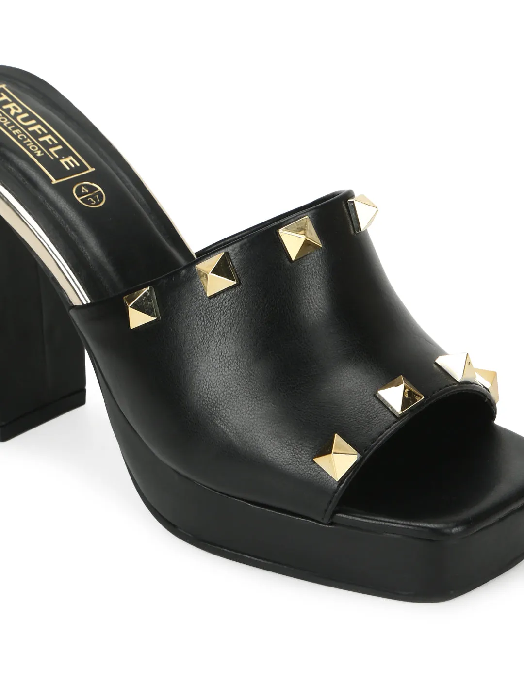 Black PU Studded High Block Heel Mules (TC-SLC-R1011-BLK)