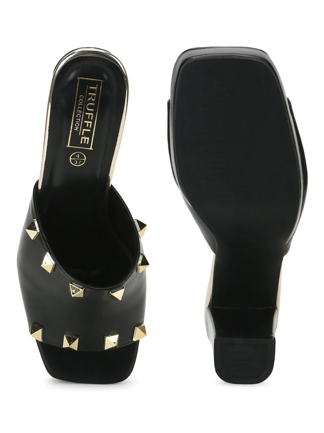 Black PU Studded High Block Heel Mules (TC-SLC-R1011-BLK)