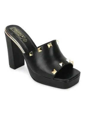 Black PU Studded High Block Heel Mules (TC-SLC-R1011-BLK)