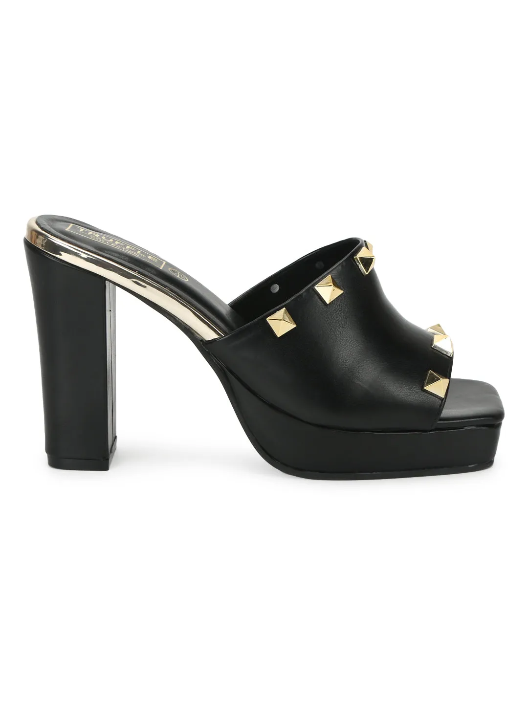 Black PU Studded High Block Heel Mules (TC-SLC-R1011-BLK)