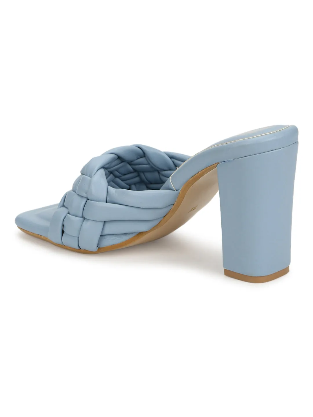 Blue PU Braided Block Heel Mules