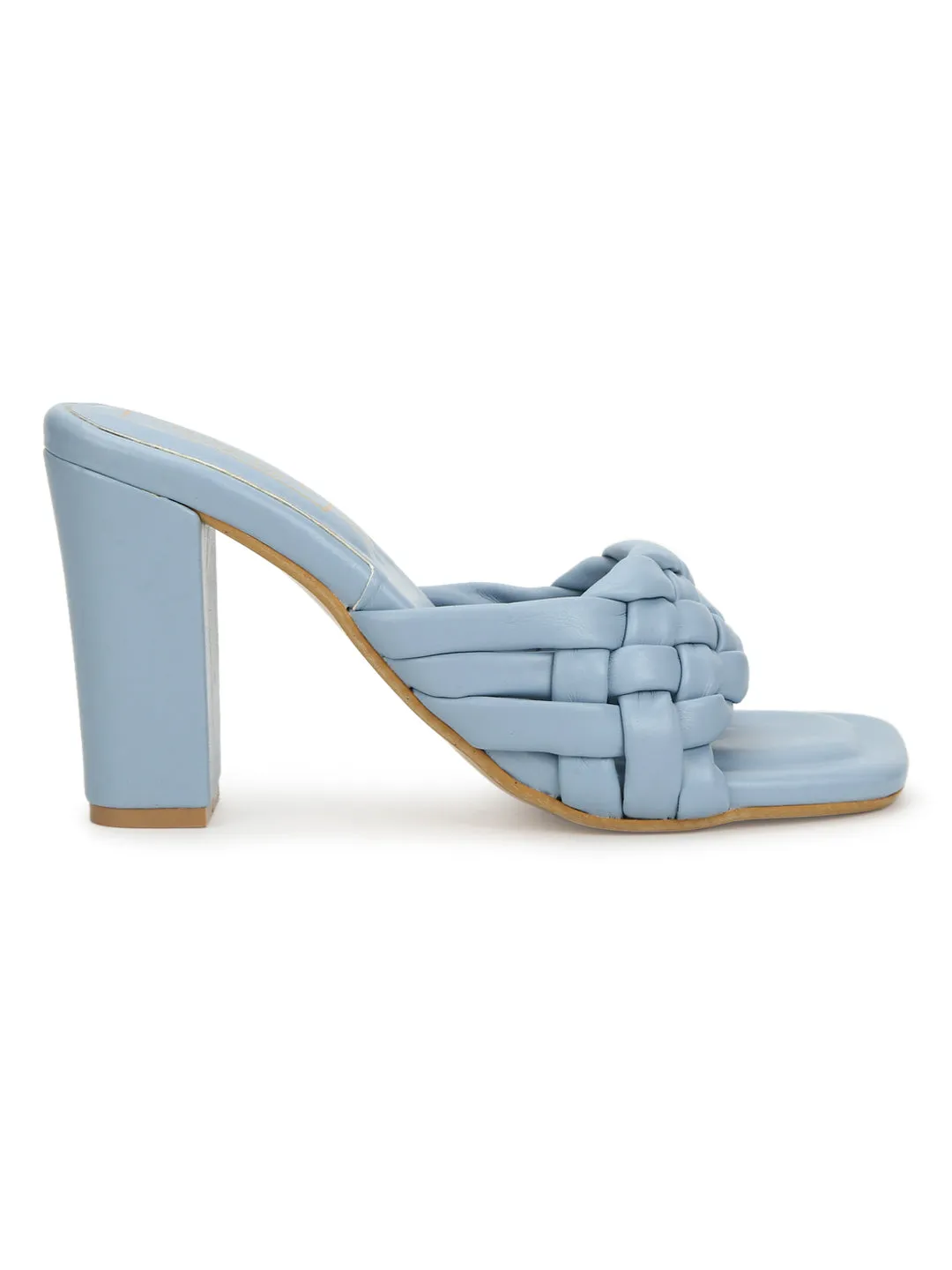 Blue PU Braided Block Heel Mules