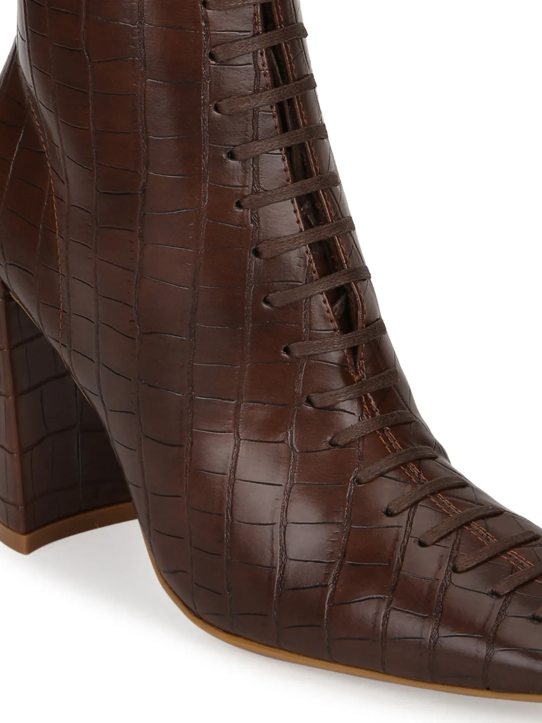 Brown Croc PU Lace Up Ankle Boots