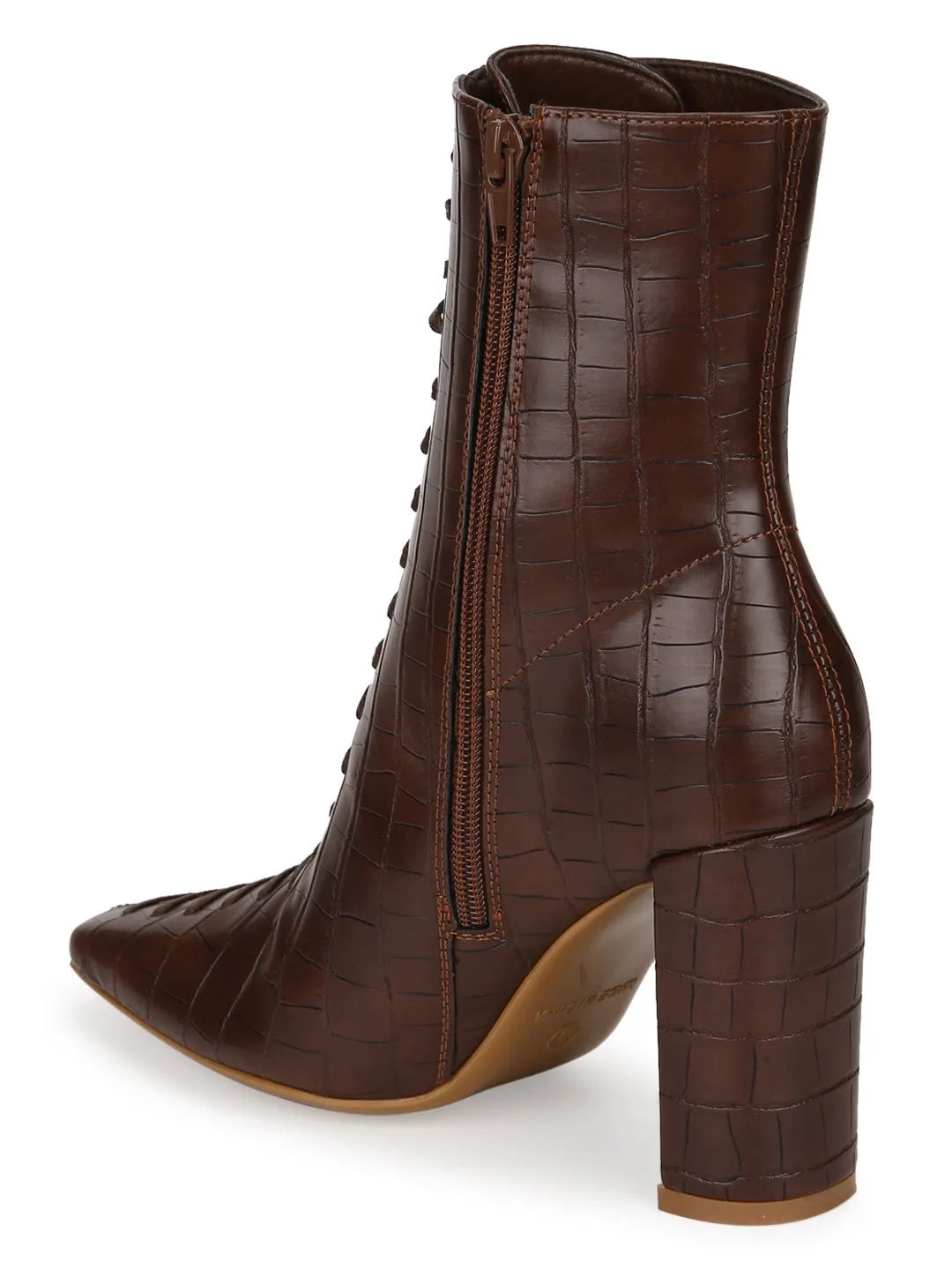 Brown Croc PU Lace Up Ankle Boots