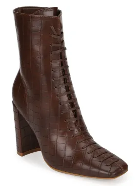 Brown Croc PU Lace Up Ankle Boots