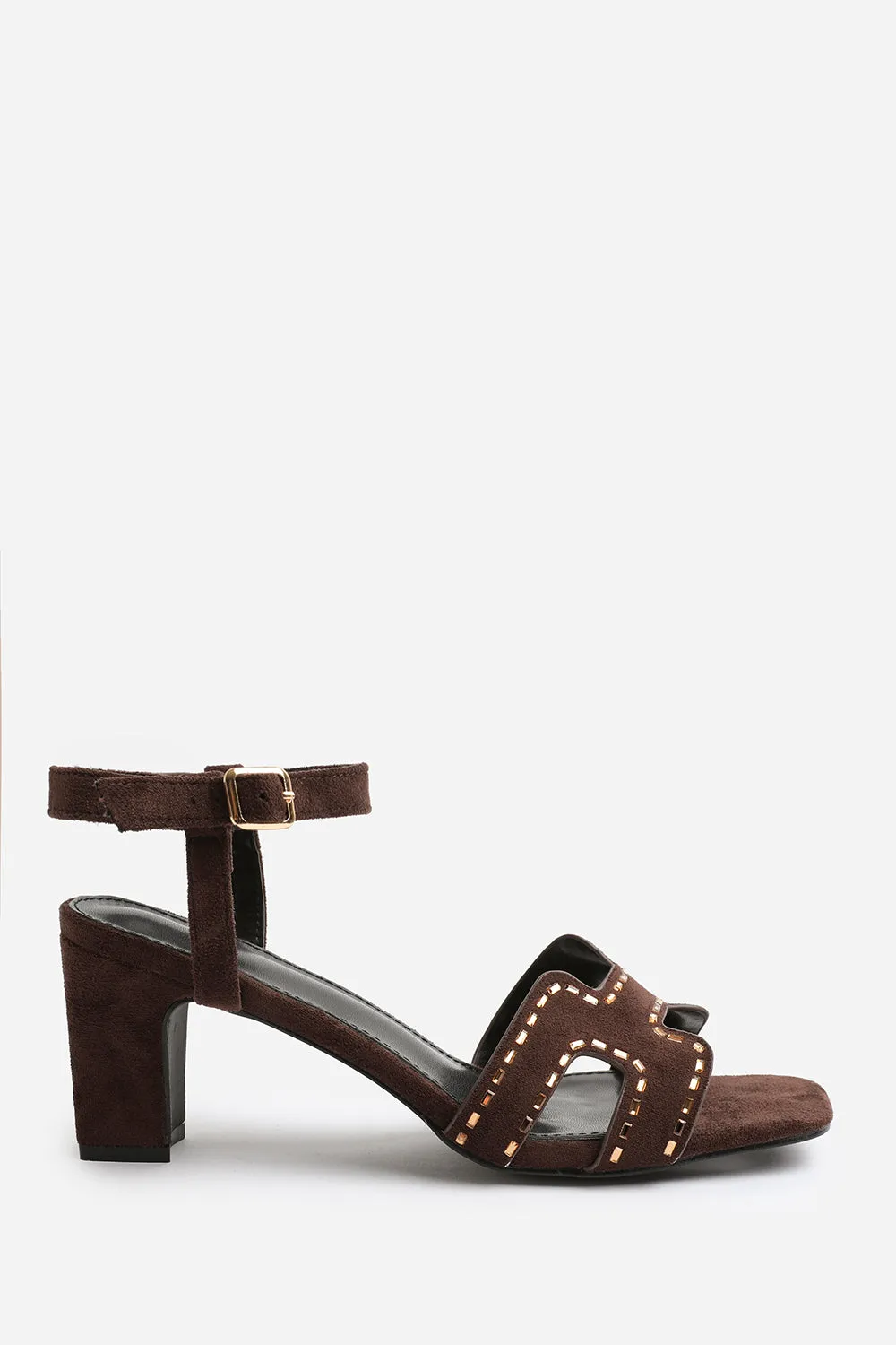 ELSPETH LOW BLOCK HEEL WITH CUT OUT DETAILING AND DIAMANTES IN DARK BROWN SUEDE