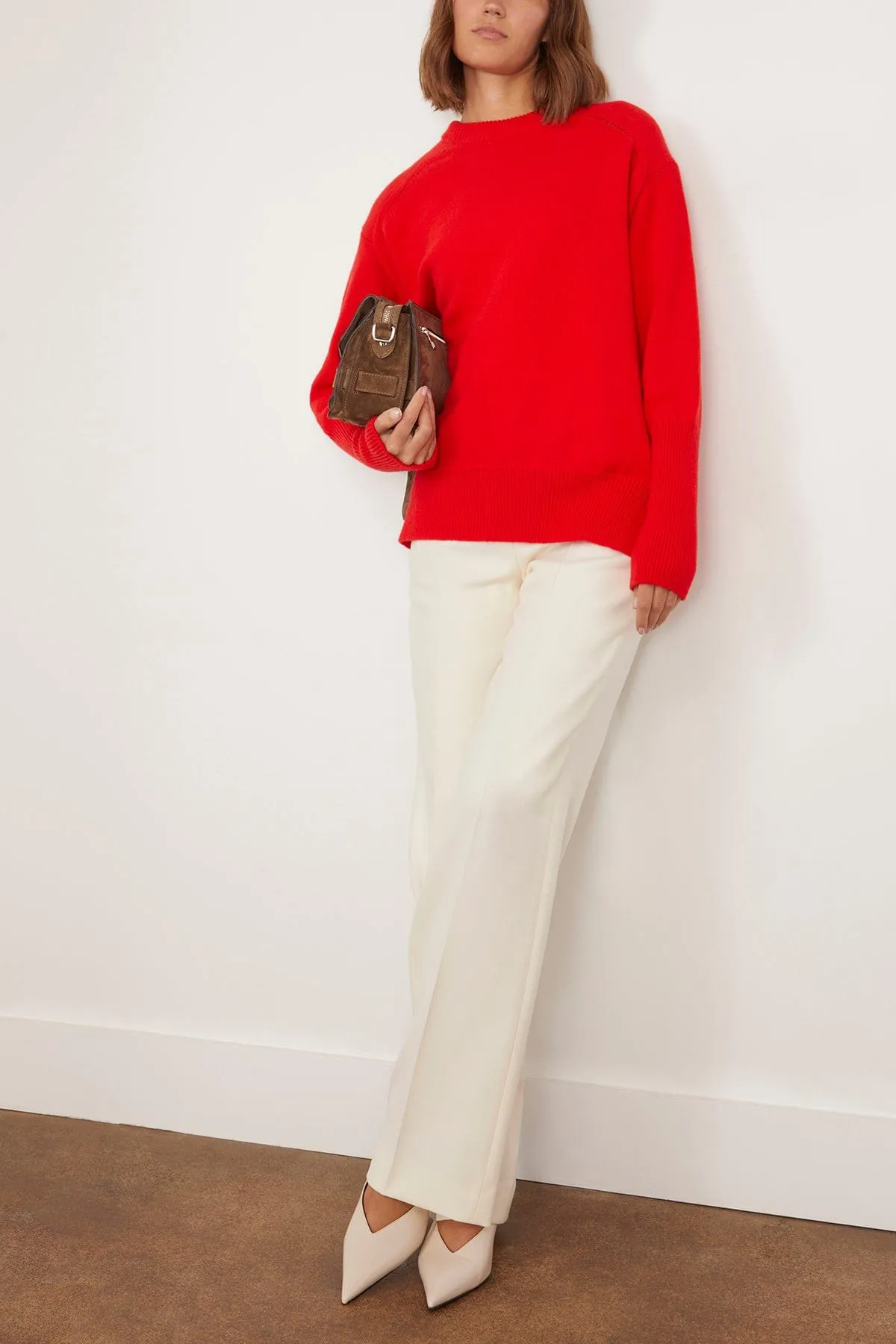 Fine Wool Knit Crew Neck Sweater in Scarlet