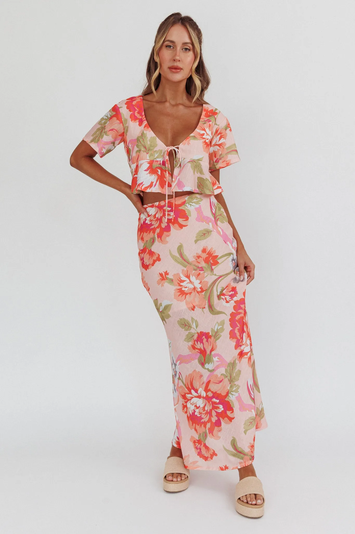 La Vie Floral Maxi Skirt Peach