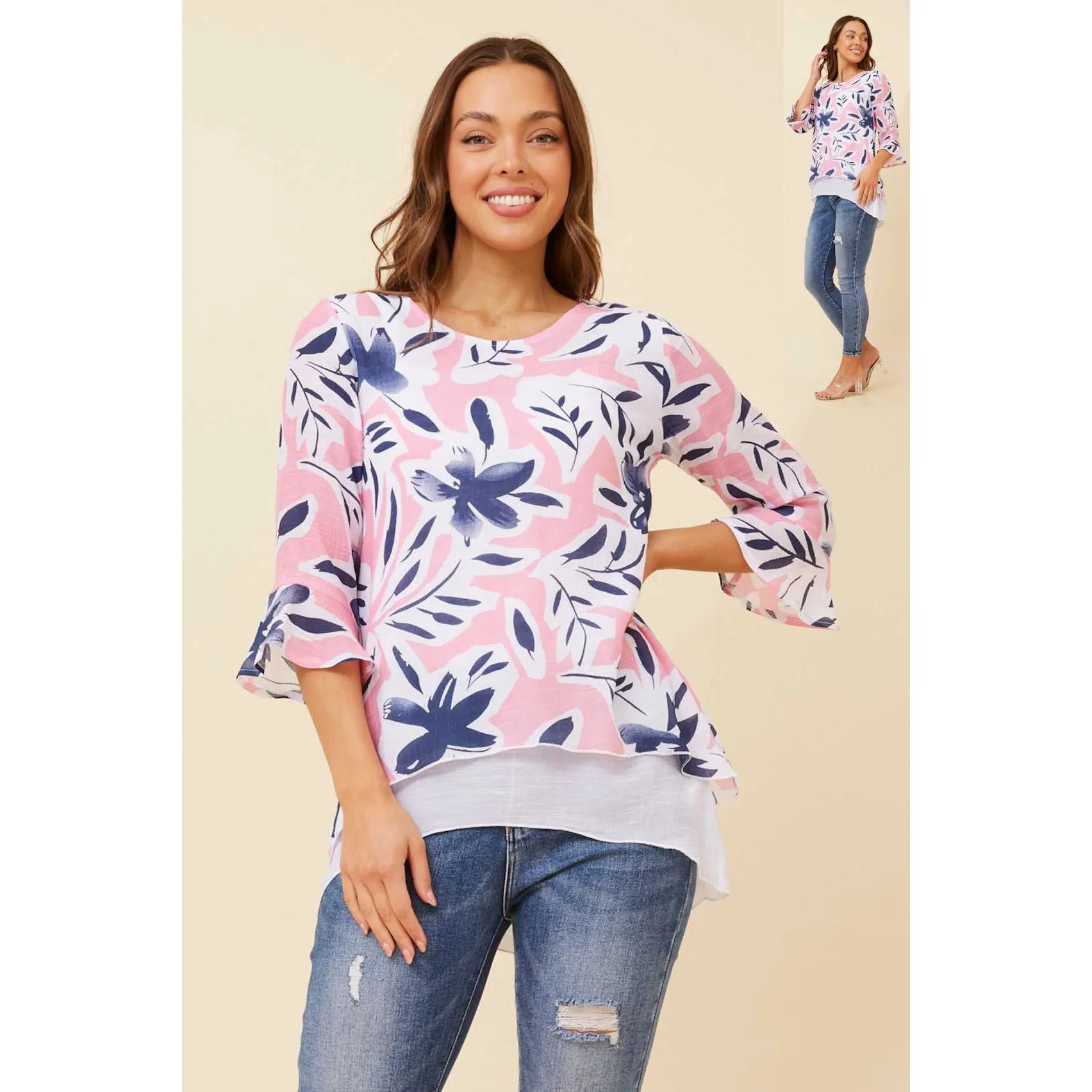 Layered Floral Top With 3/4 Sleeve - Pink