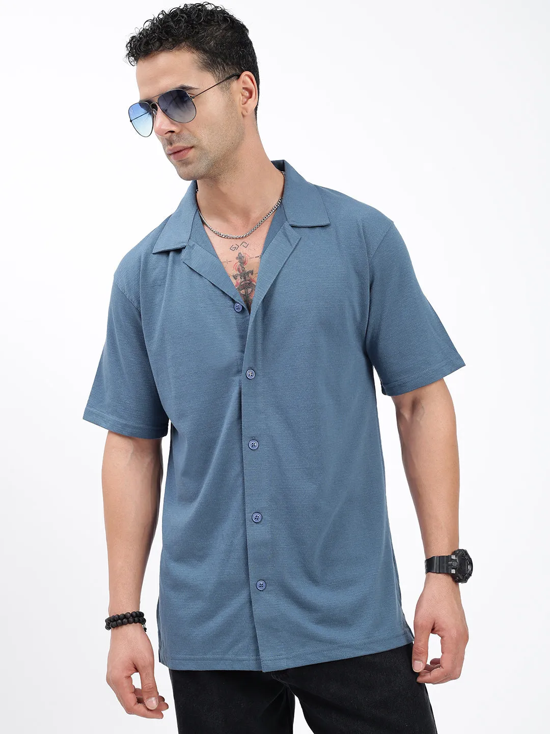 Men Solid Blue Relaxed Fit Shirt