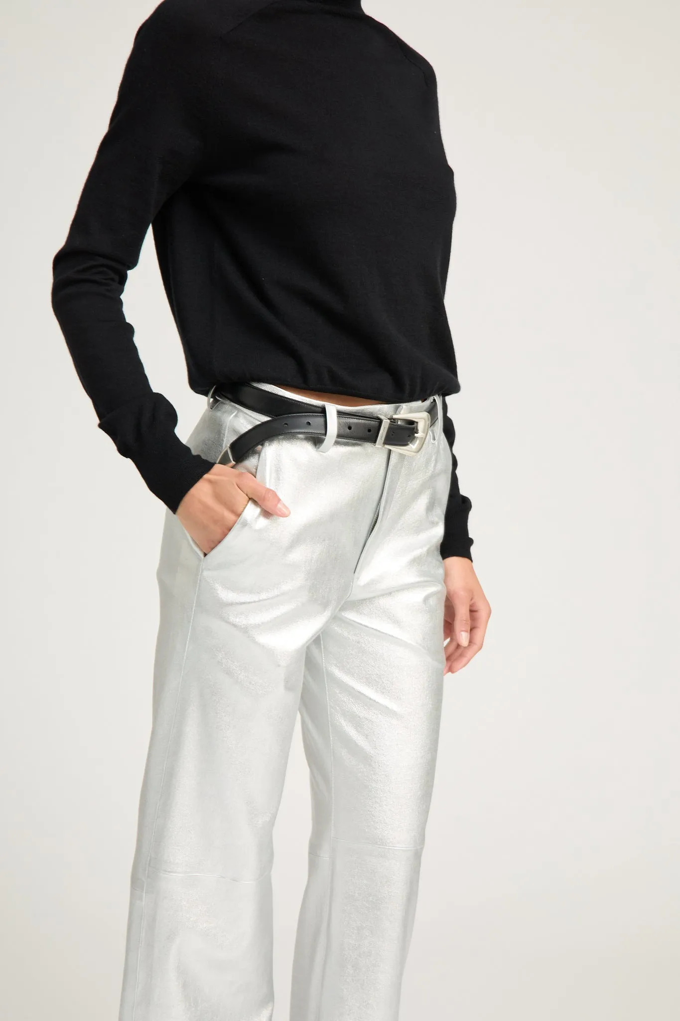 Metallic Silver Leather Classic Trousers