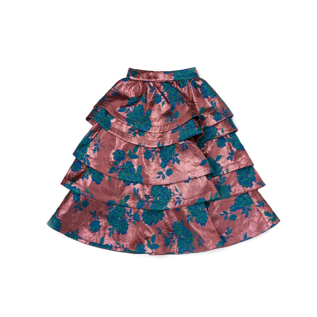 MIDI Teagan Skirt - Pink Brocade