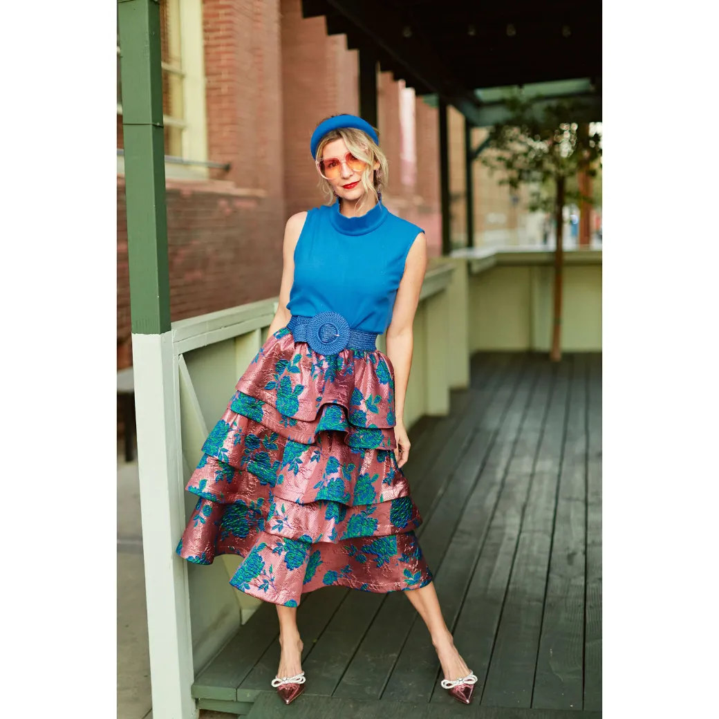 MIDI Teagan Skirt - Pink Brocade