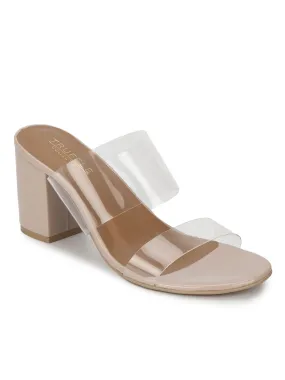 Nude Patent Slip Ons With Clear Straps