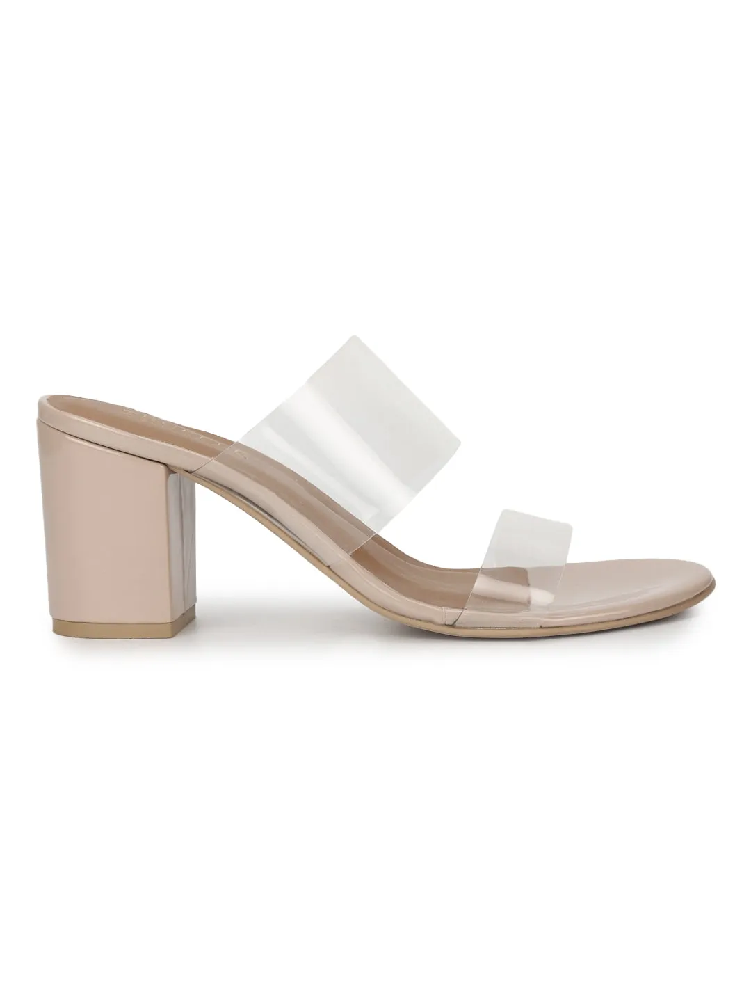 Nude Patent Slip Ons With Clear Straps