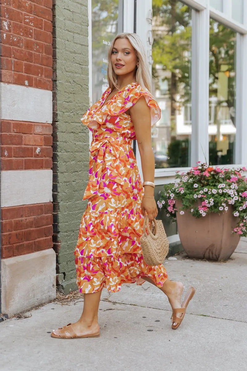 Paradise Peach Floral Tie Midi Dress - FINAL SALE