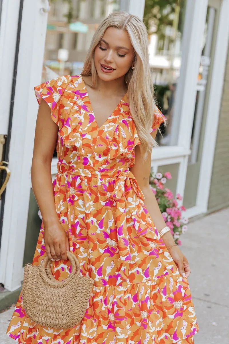 Paradise Peach Floral Tie Midi Dress - FINAL SALE