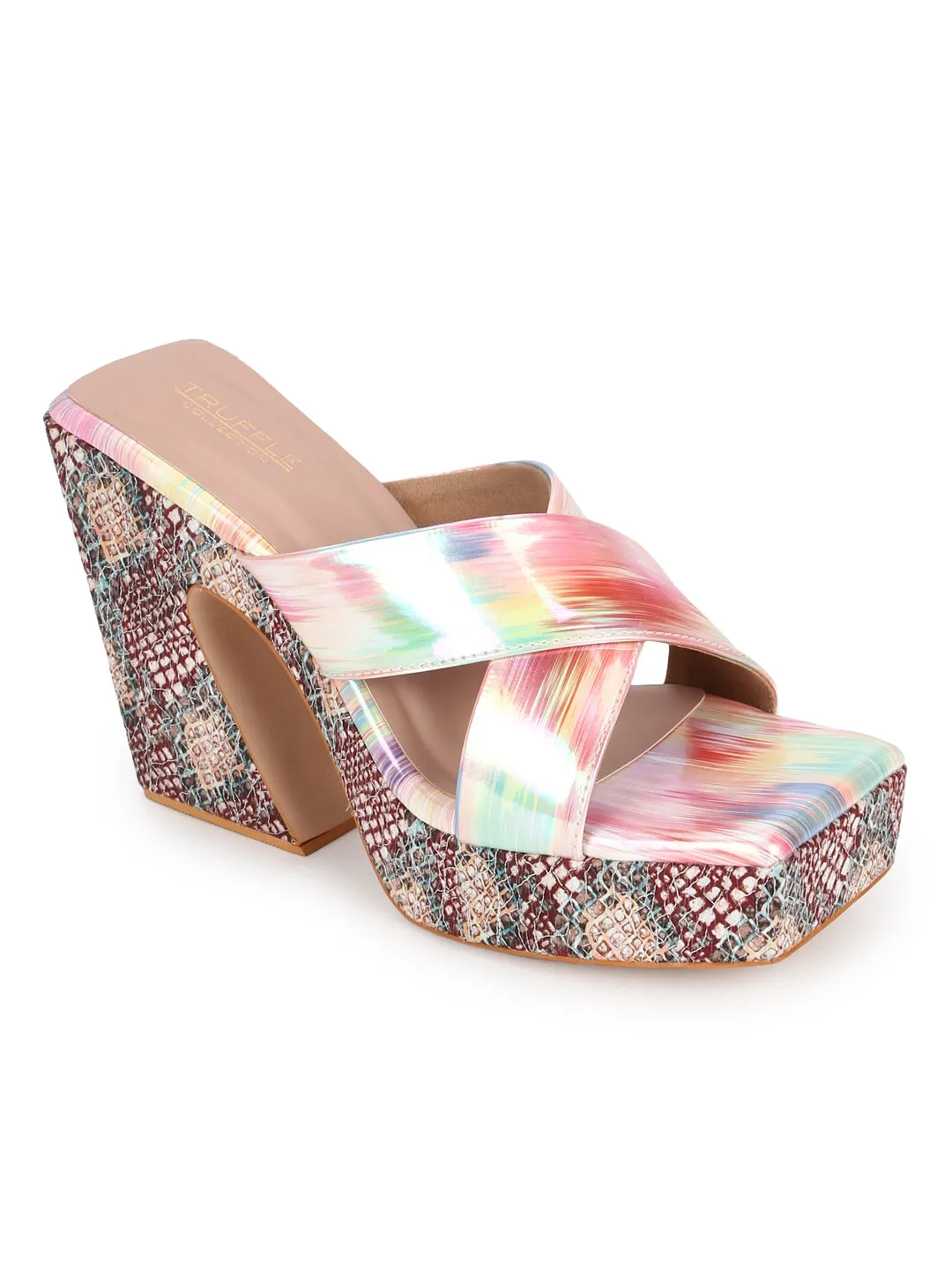 Pink Holographic Wide Strap Platform Mules (TC-MSI-V-111-PNK)