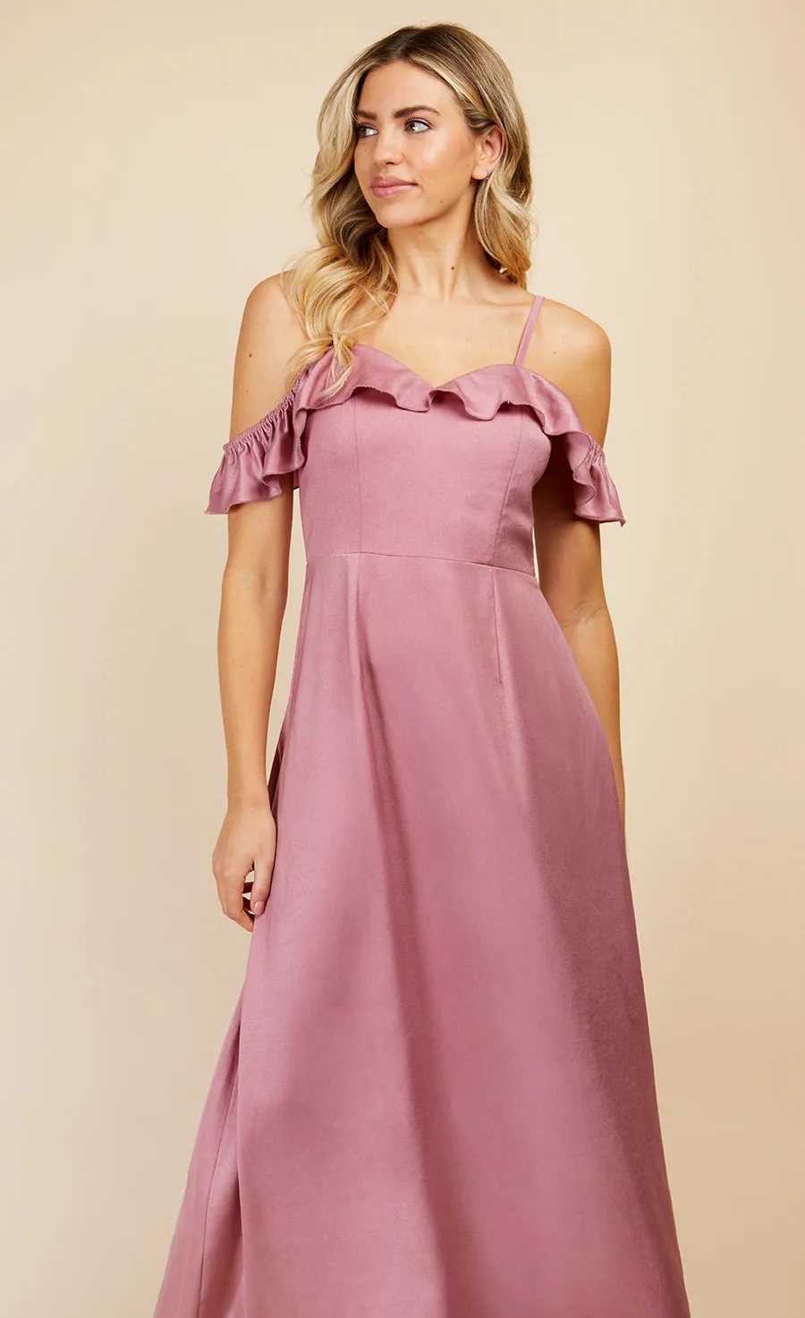 Rose Quartz Frill Cold-Shoulder Maxi Dress