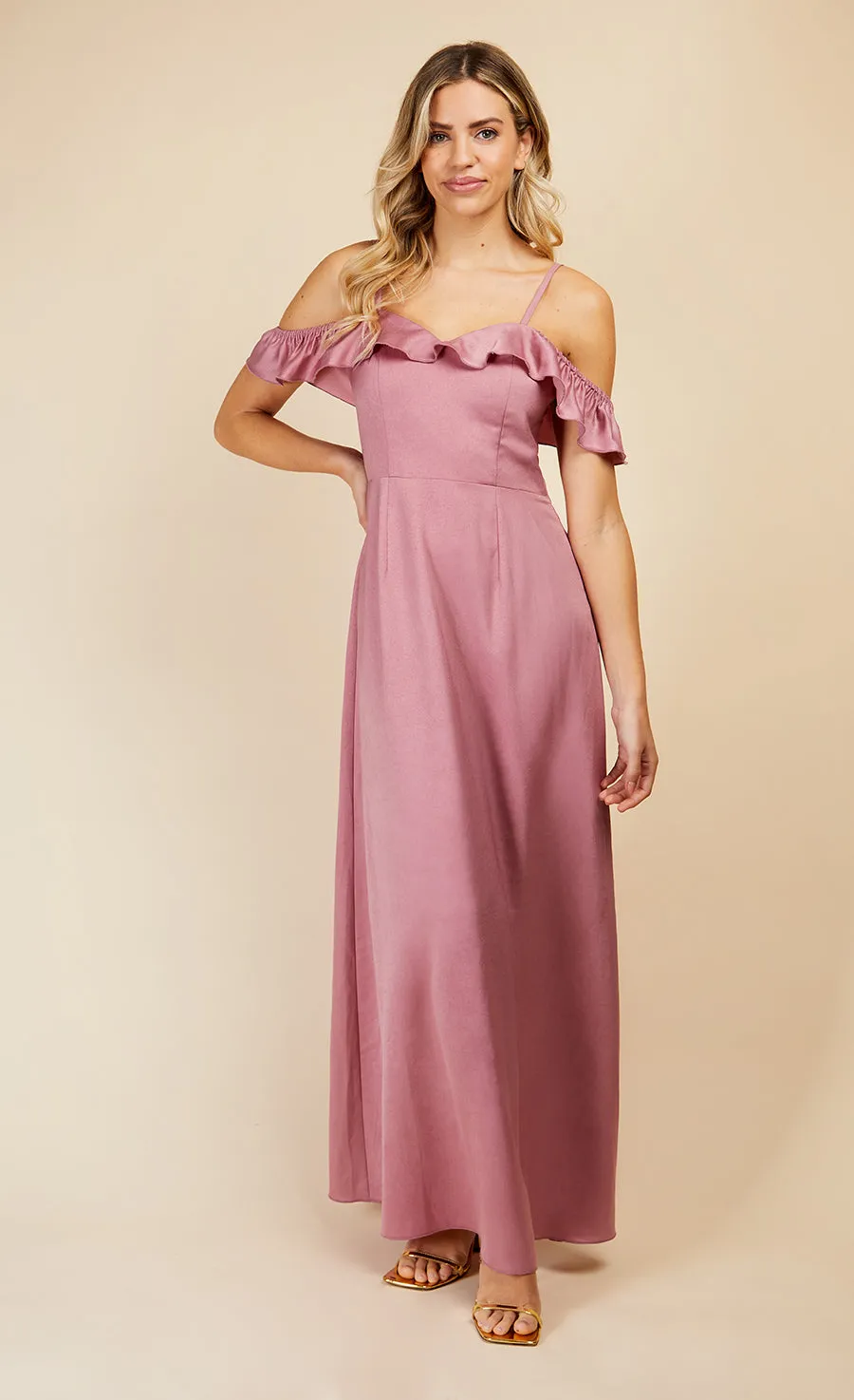 Rose Quartz Frill Cold-Shoulder Maxi Dress