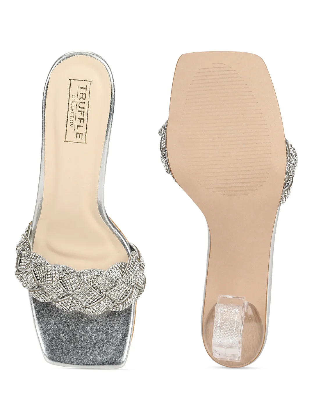 Silver Diamante PU Clear Heel Mules (TC-SLC-V80-SIL)