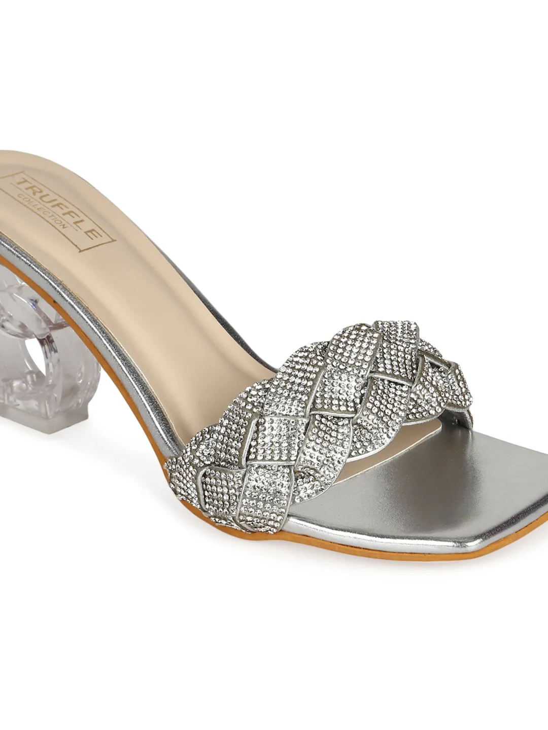 Silver Diamante PU Clear Heel Mules (TC-SLC-V80-SIL)