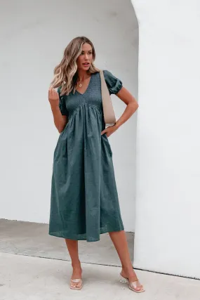 Teal Puff Sleeve Textured Midi Dress - FINAL SALE