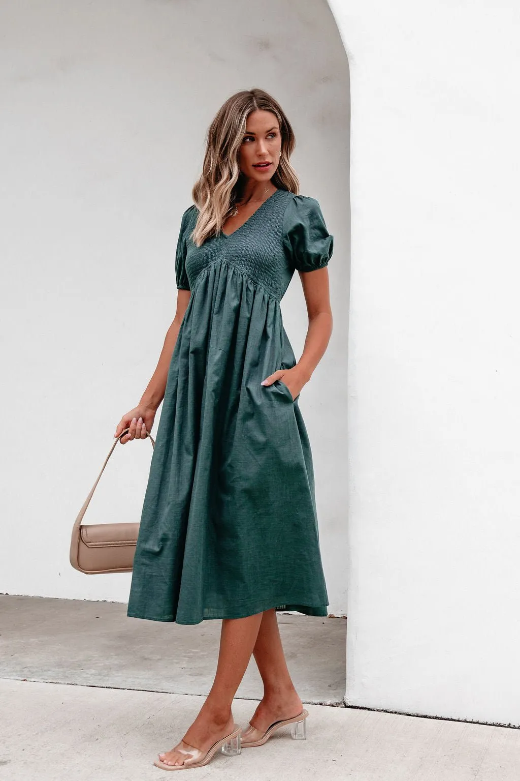 Teal Puff Sleeve Textured Midi Dress - FINAL SALE