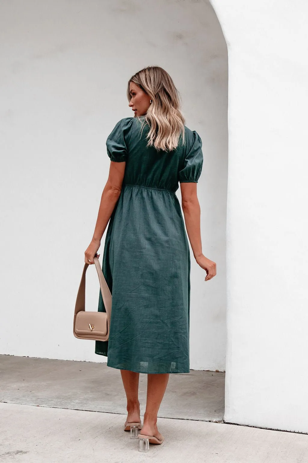 Teal Puff Sleeve Textured Midi Dress - FINAL SALE