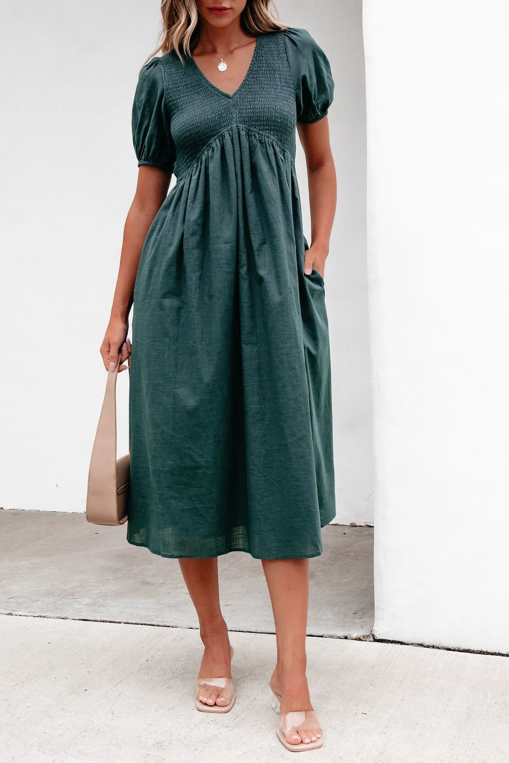 Teal Puff Sleeve Textured Midi Dress - FINAL SALE