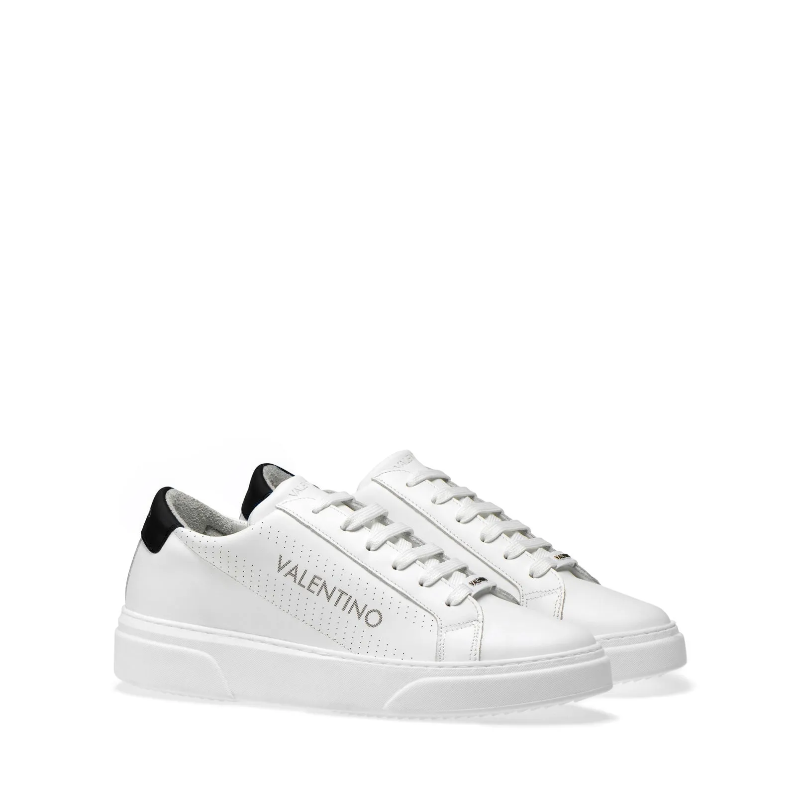 VALENTINO Lace Up Sneaker in white hide and black insert