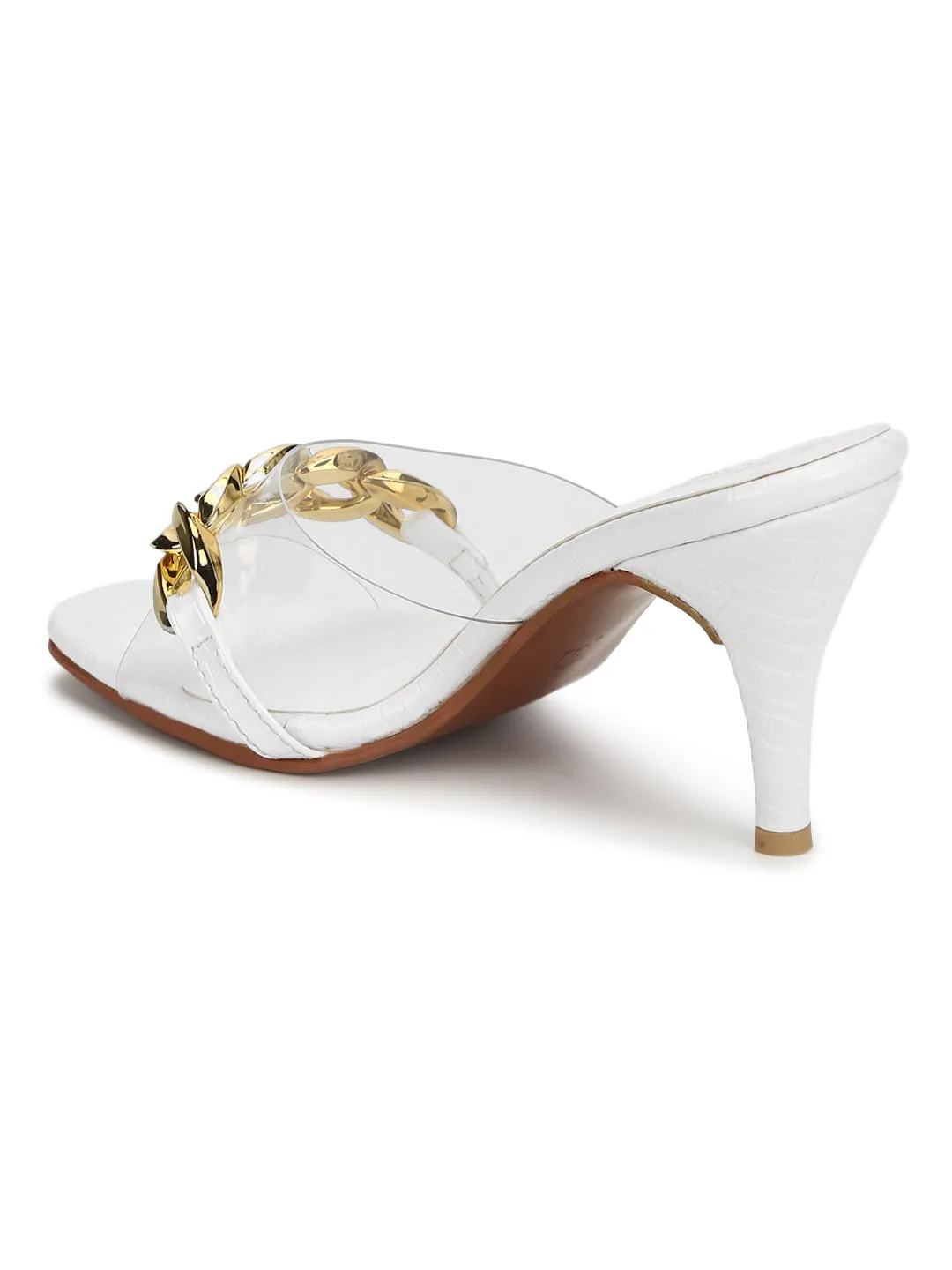 White Patent Snake Gold Chained Stiletto Mules