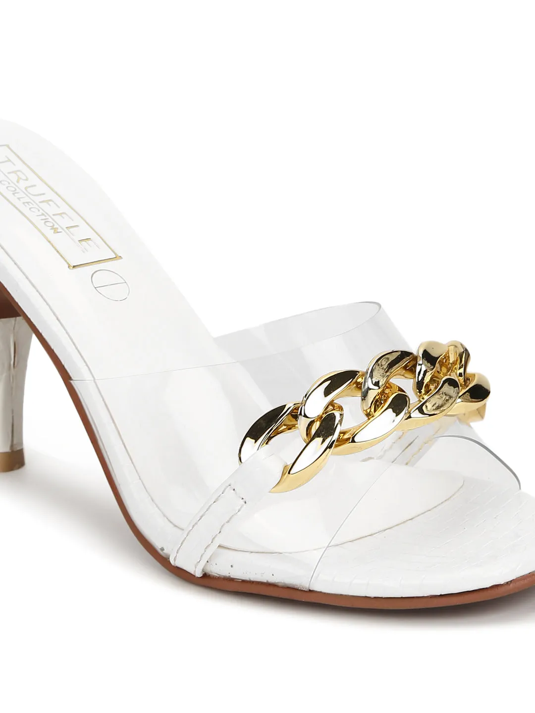 White Patent Snake Gold Chained Stiletto Mules