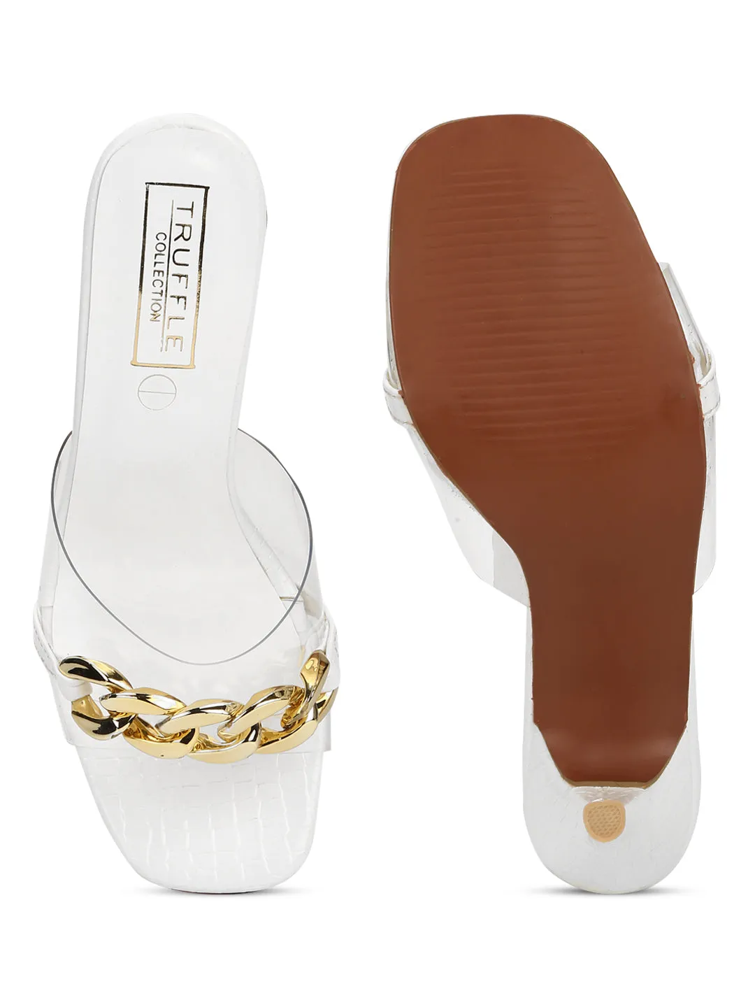 White Patent Snake Gold Chained Stiletto Mules