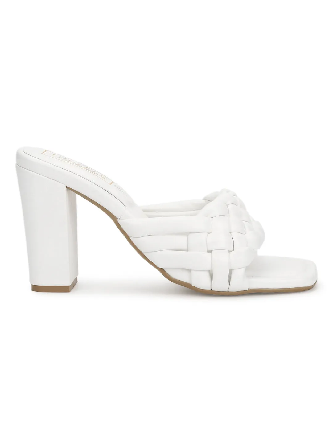 White PU Braided Block Heel Mules (SLC-R-70)