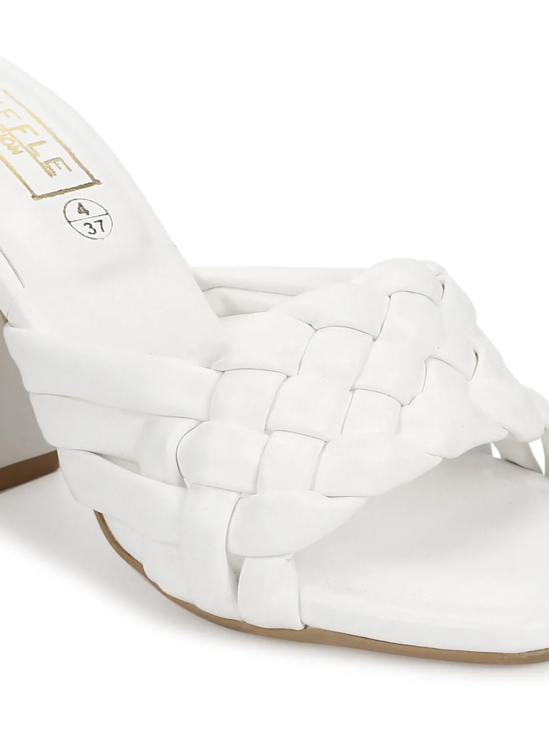 White PU Braided Block Heel Mules (SLC-R-70)