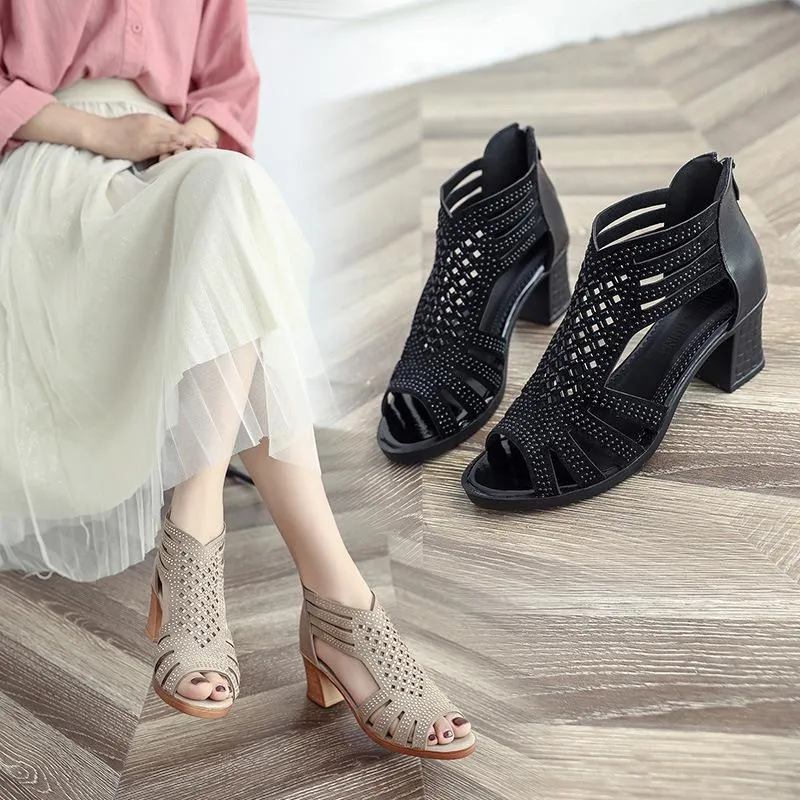 Women summer peep toe hollow back zipper chunky heels