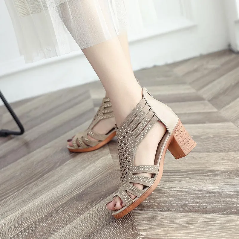 Women summer peep toe hollow back zipper chunky heels