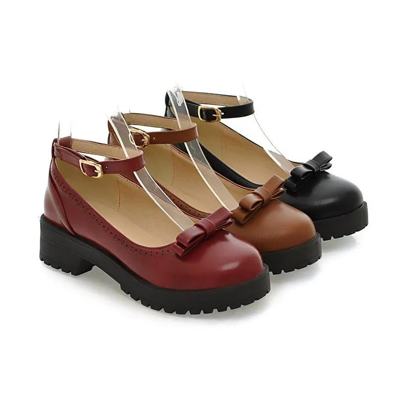 Women's Chunky Platform Mary Janes Shoes With Bowknot