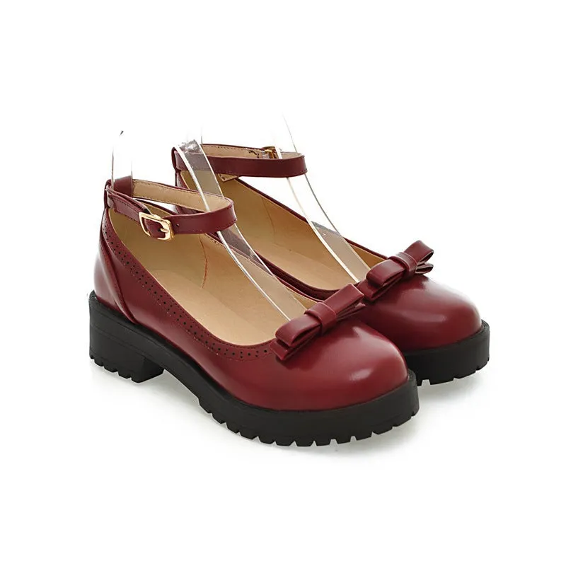 Women's Chunky Platform Mary Janes Shoes With Bowknot